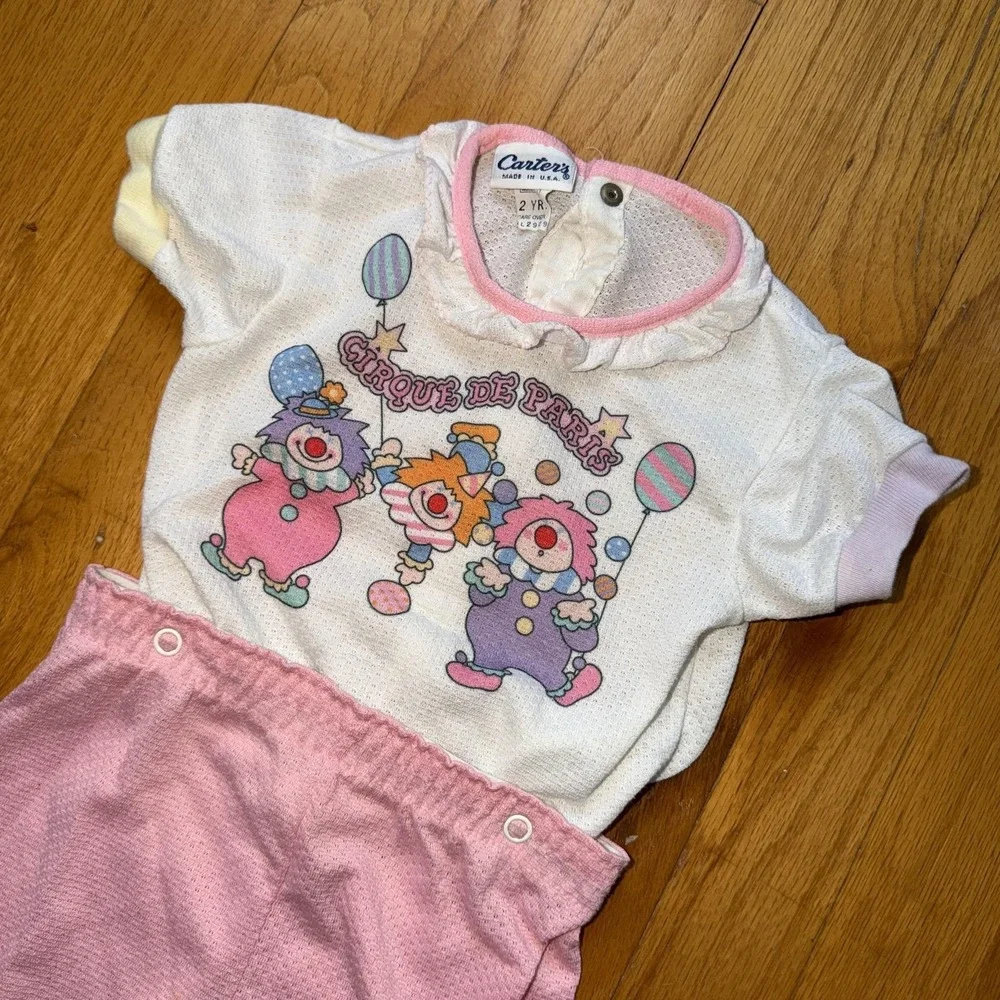 Vintage Carter's Pajama Set 2T Pink Circus Clown Ruffle Knit USA Snap Waist
